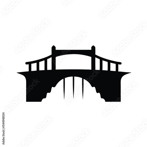 Silhouette vector illustration of a bridge over a river with a ship, cargo boat, and city skyline, depicting modern transportation and industrial architecture