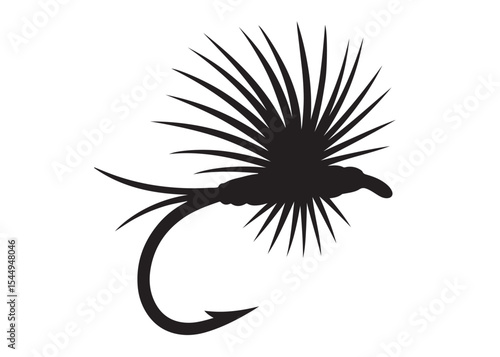Black silhouette of a fly fishing logo vector, fly fishing lure logo icon silhouette, fly fishing hook silhouette, fly fishing flies silhouette vector design on white background
