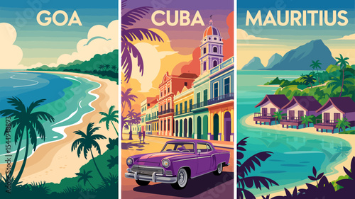 Vintage Travel Poster Triptych Goa, Cuba, Mauritius – A Retro Escape