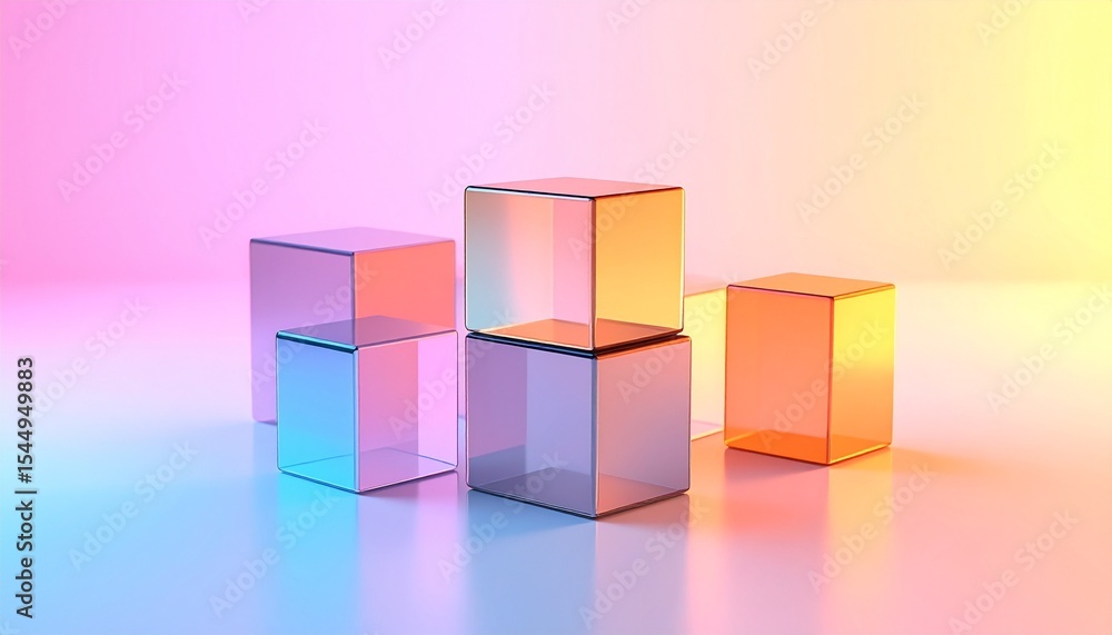 Obraz premium Vivid pastel gradient lighting washing over a minimal set of smooth cubes, creating a dynamic interplay of warm and cool tones