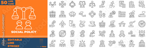 Social Policy Line Editable Icons set. Vector illustration in modern thin line style of social policy icons: education, insurance, law, goverment, etc