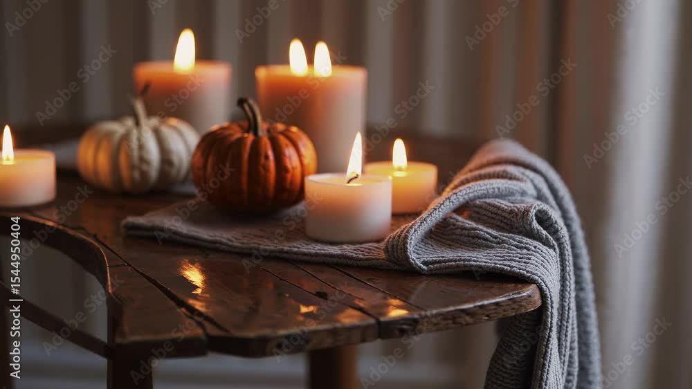 Soft candlelight glowing near miniature pumpkins with knitted blanket on weathered wooden surface, embodying autumnal warmth Soft candlelight glowing near miniature pumpkins with knitted blanket on weathered wooden surface, embodying autumnal warmth