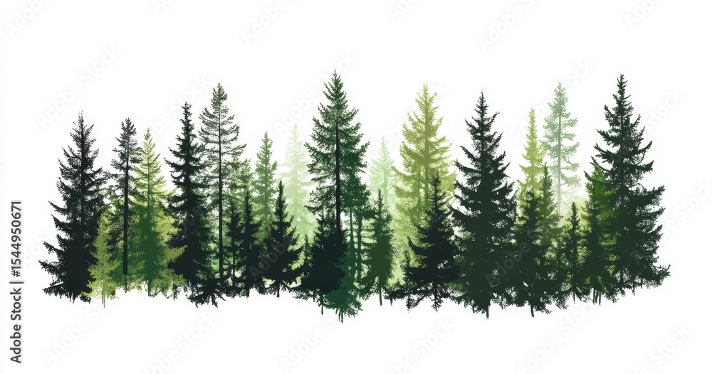 Fototapeta premium The taiga landscape, complete with coniferous forest containing firs and pines, and a mix of trees and grass, is illustrated in modern as a silhouette against a clean white background