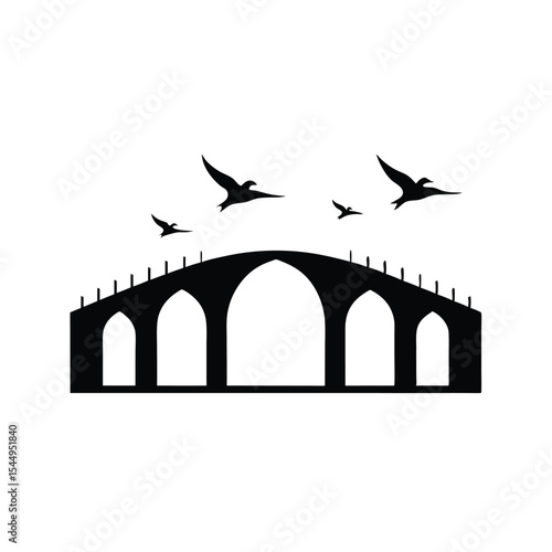 Ancient stone arch bridge silhouette over a river, a historic architectural landmark in a beautiful landscape under the sky