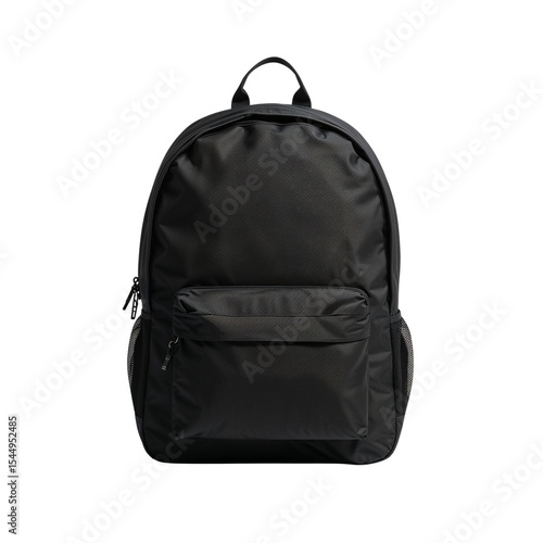 Black backpack with multiple pockets on white background  
