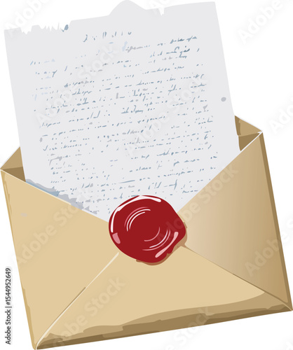 A single handwritten letter on parchment paper, folded delicately with a red wax seal bearing a rose crest. The paper edges are torn unevenly, and the ink has faded to a soft gray