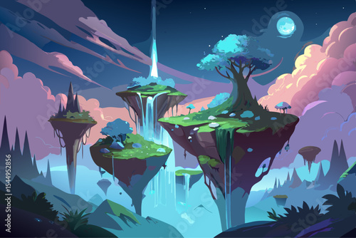 Surreal floating island with cascading waterfalls and glowing bioluminescent trees in a misty sky
