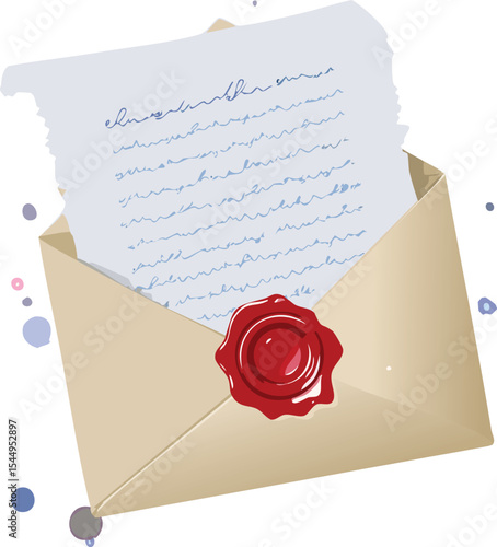 A single handwritten letter on parchment paper, folded delicately with a red wax seal bearing a rose crest. The paper edges are torn unevenly, and the ink has faded to a soft gray