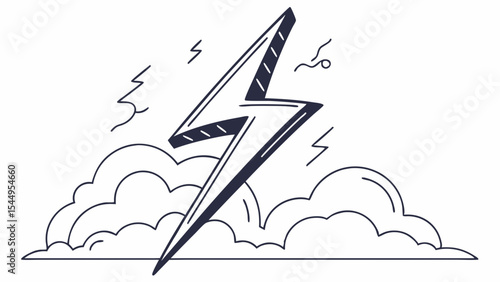 A simple black and white drawing featuring a lightning bolt above clouds with some electrical sparks around it