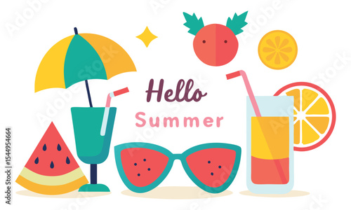 Hello summer flat lay illustration with drinks and fruits