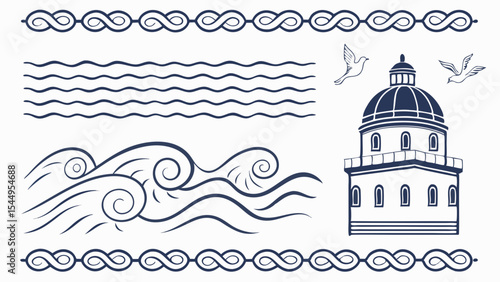 Vector illustration set of ancient Greek temple and Orthodox church designs, perfect for vintage floral borders and decorative seamless patterns