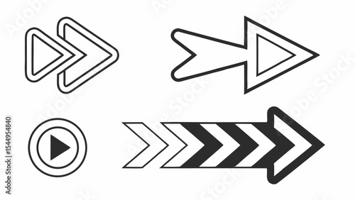 A versatile set of black vector arrow icons for web design and media player navigation