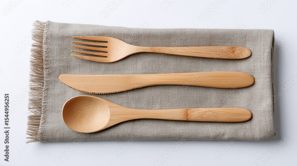Minimalist Bamboo Cutlery Set on Organic Linen Napkin. Set of eco-friendly bamboo cutlery and linen napkin on white background. Minimalist Bamboo Cutlery Set on Organic Linen Napkin. Set of eco-friendly bamboo cutlery and linen napkin on white background.
