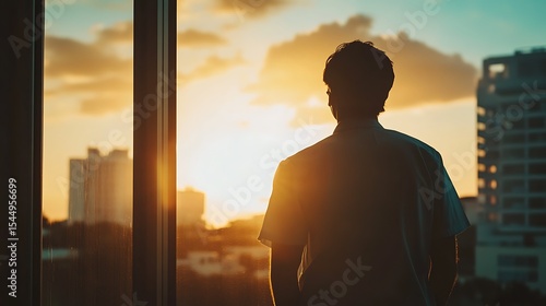 Person Silhouetted Against Golden Sunset from Building Window in City Skyline View