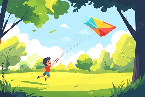 Pixel Art Young Boy Running with a Colorful Kite in a Green Field