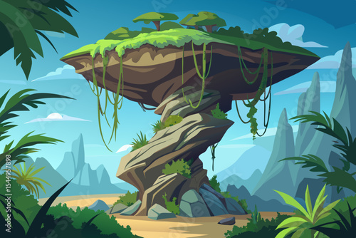 Massive levitating rock formation with jungle vegetation and twisted roots dangling in space