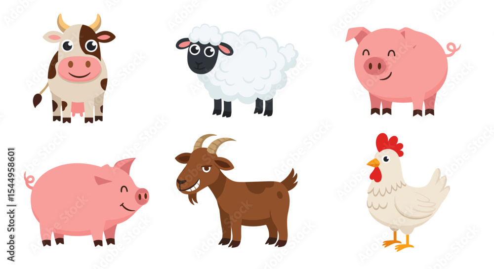 Fototapeta premium Illustration of a cartoon cow, sheep, pig, goat, and chicken farm animals standing upright