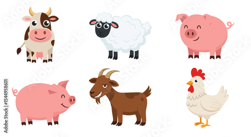 Illustration of a cartoon cow, sheep, pig, goat, and chicken farm animals standing upright