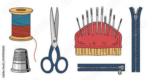 Illustration of sewing kit items featuring thread, thimble, scissors, needles, and zipper