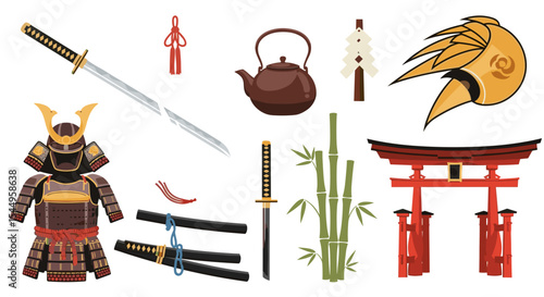 Illustration of japanese cultural items including samurai armor, swords, and torii gate