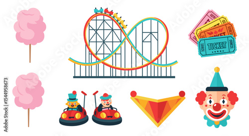 Illustration of a carnival scene with a roller coaster, tickets, and other attractions