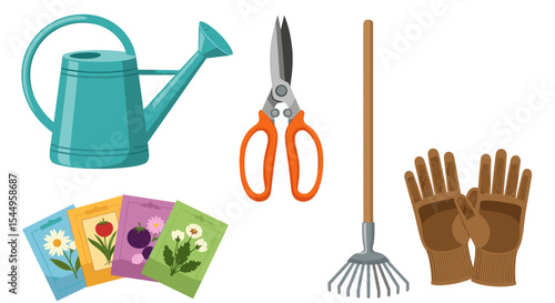 Illustration of gardening tools including watering can, shears, rake, gloves, and seeds