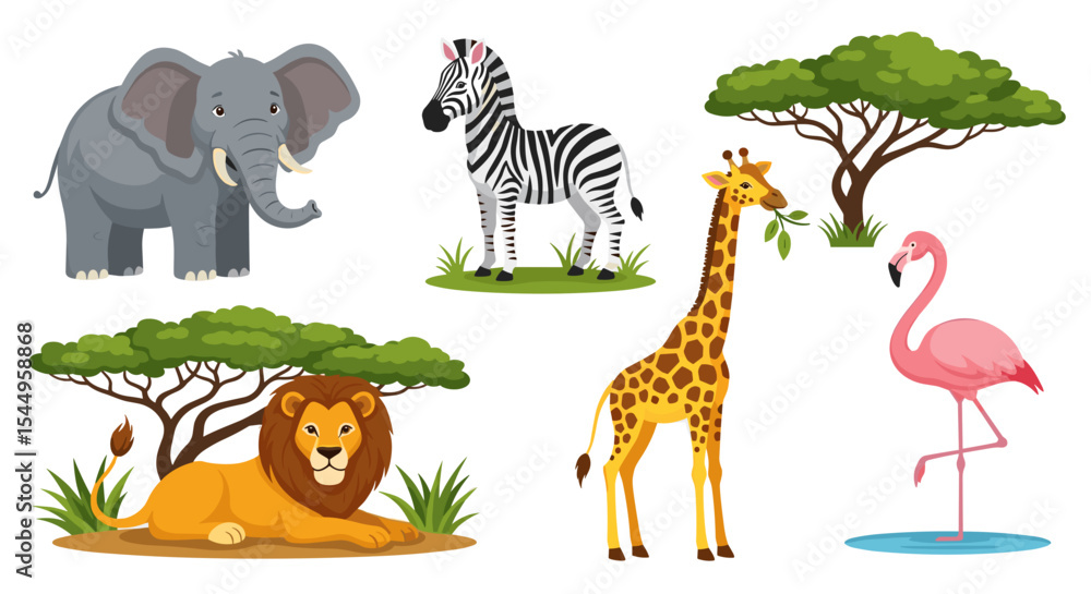 Obraz premium Illustration of various african animals including elephant zebra lion giraffe flamingo