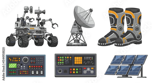 Illustration of a rover, satellite dish, boots, control panels, and solar panels arrayed