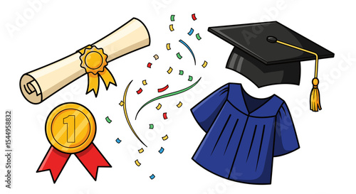 Illustration of graduation cap, gown, diploma, gold medal, and confetti celebration scene