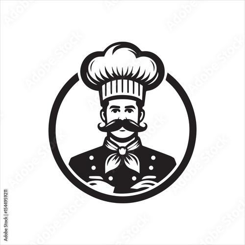 A chef's portrait, in a circular frame, wearing a tall toque and a neat mustache.