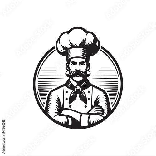 Vintage black and white illustration of a confident chef in a classic uniform, framed by a circular design.