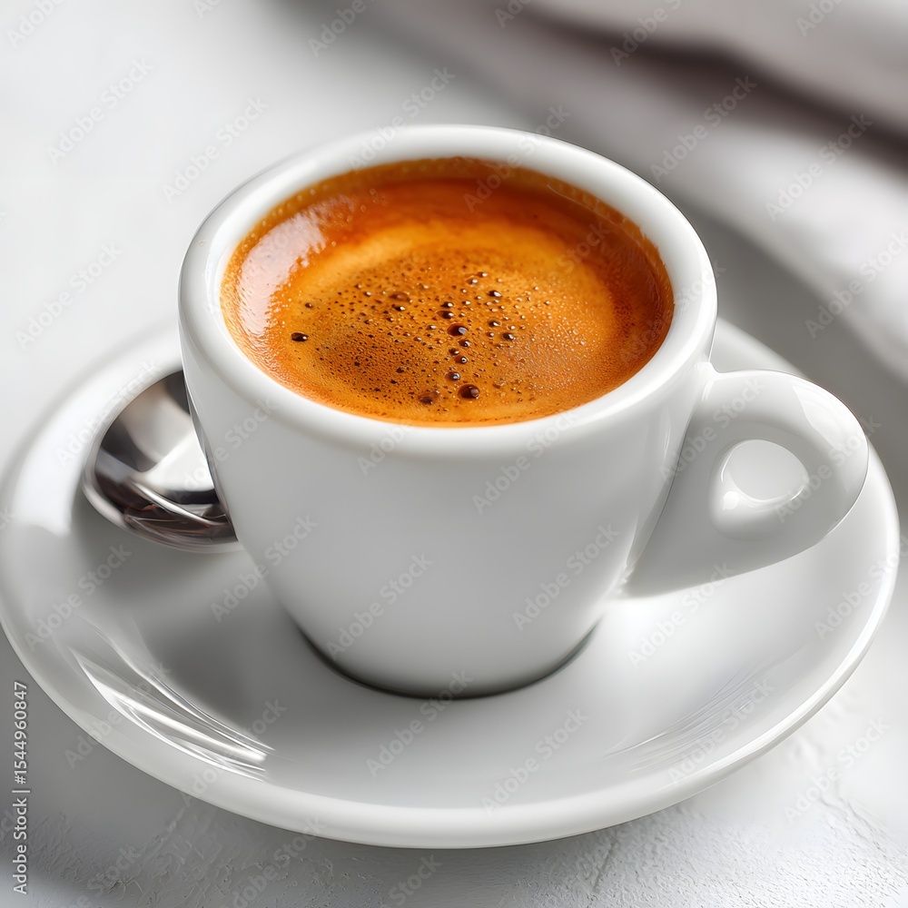 Classic Espresso Shot in Small White Ceramic Cup, Pure White Background, Minimalistic Style Classic Espresso Shot in Small White Ceramic Cup, Pure White Background, Minimalistic Style