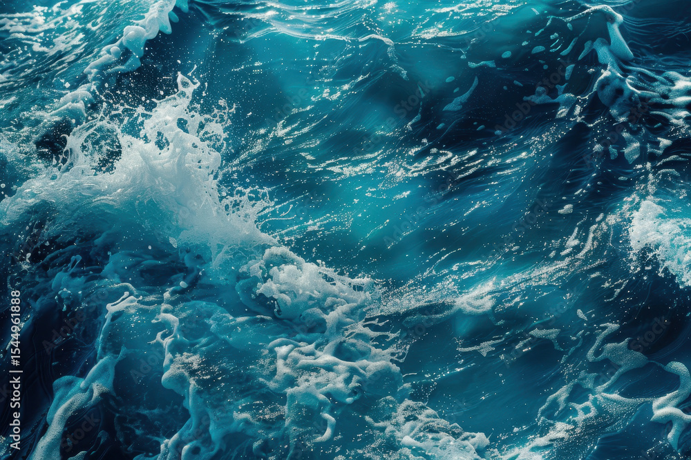 Obraz premium Abstract Pacific Ocean close up with bright blue waves, splashing sea foam and turbulent rippling water texture under sunlight, marine energy and natural power