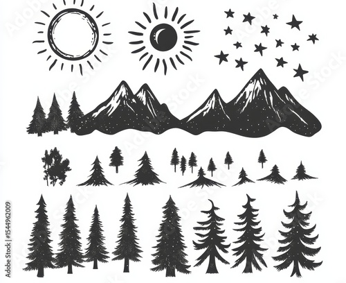 Hand-drawn line art illustrations featuring modern depictions of nature, mountains, and forest landscapes