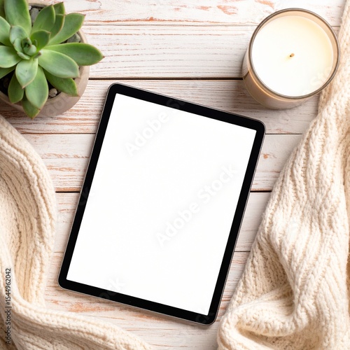 Digital ebook mockup on a tablet, beside a candle, a succulent, and a cozy blanket