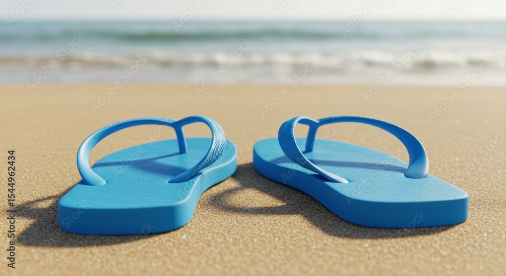 Flip-flops on a serene beach with ocean waves, a relaxing summer scene Flip-flops on a serene beach with ocean waves, a relaxing summer scene