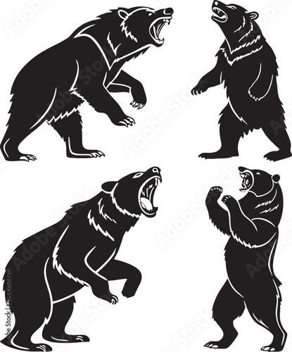 A bundle or a Collection of multiple bear silhouette poses, including roaring, standing, walking, and defensive postures. Ideal for stock vector packs, logo creators, and wilderness design elements.