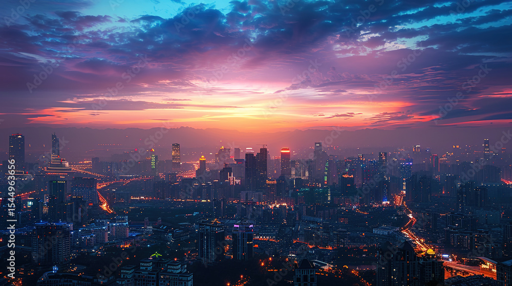 Obraz premium Dramatic Downtown Skyline Poster Background: Modern Urban Architecture with Neon Lights & Dynamic Night Views. 