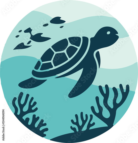 Underwater scene depicting a swimming sea turtle with coral and marine life in an ocean environment