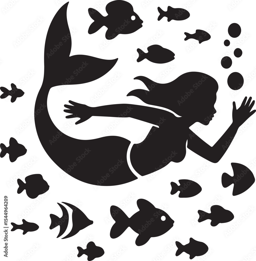 Obraz premium Elegant black silhouette of a mermaid swimming amongst playful fish in ocean waters