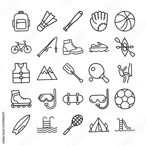 Outdoor sports and recreation outline icon set