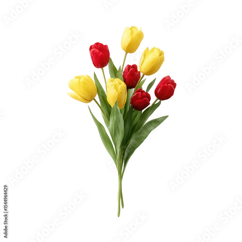 A beautiful bouquet of vibrant red and yellow tulips arranged elegantly, showcasing their fresh appearance and lush green leaves against a white isolated background.