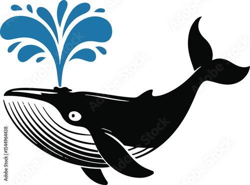 Whimsical black and blue vector illustration of a spouting whale against a white background