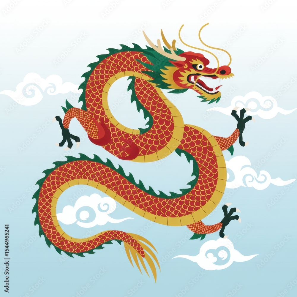 Fototapeta premium The dragon has a golden and black color scheme, surrounded by flames and clouds.