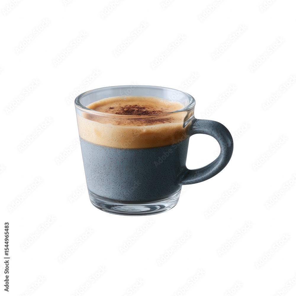 Obraz premium A close-up view of a glass coffee cup filled with rich, dark espresso topped with a thick crema, showcasing a perfect blend of coffee's aroma and taste.
