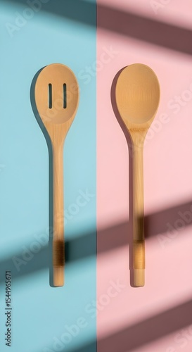 Two Wooden Kitchen Utensils, Slotted Spoon and Solid Spoon, on Blue and Pink Background Generative AI