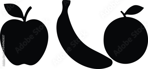  Set of Black Silhouettes of Fruits: Apple, Banana, and Orange, Perfect for Healthy Eating Concepts, Food Packaging, Nutrition, and Fresh Produce Designs, Vector Icons