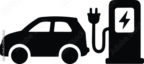 Electric Car Charging at a Charging Station, Illustrating Sustainable Transportation, Green Energy, Eco-Friendly Technology, and Modern Automotive Innovation, Vector Silhouette Icon