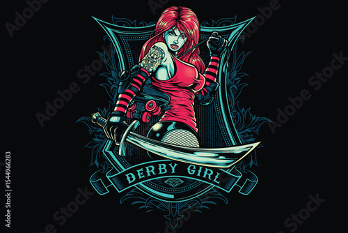 Vivid illustration featuring a confident roller derby girl with a sword, tattoo, and striking attire. Perfect for themes of empowerment, sports, and edgy illustrative designs.