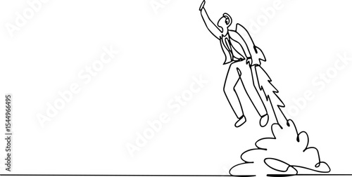 Dynamic Businessman Flying Upwards with a Jetpack, Symbolizing Career Growth, Business Startup, Ambition, Innovation, and Achieving Professional Success, Continuous Line Art
